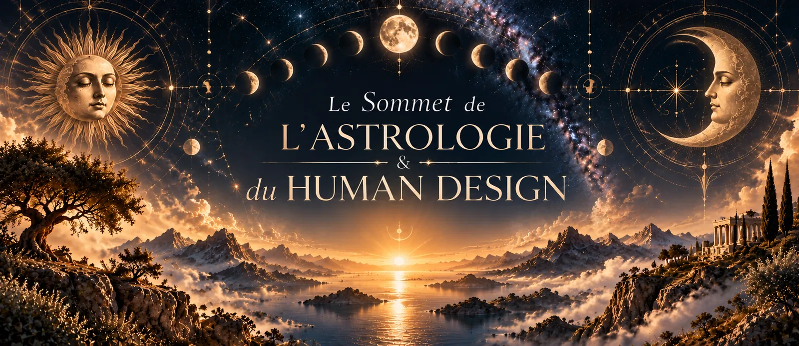Bannière avec le titre du sommet : soleil et lune personnifiés, phases lunaires, montagnes, temple grec et lever de soleil sur un ciel étoilé.