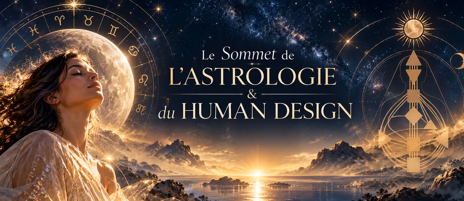 Illustration du sommet : femme devant la Lune et le zodiaque, bodygraph du Human Design, montagnes et lever de soleil sous un ciel étoilé — le titre de l’événement figure sur l’image.
